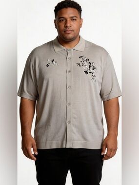 Creme de Silk Shirt 2XL Button Up, Short Sleeve, Silk Blend Gray Floral Scroll